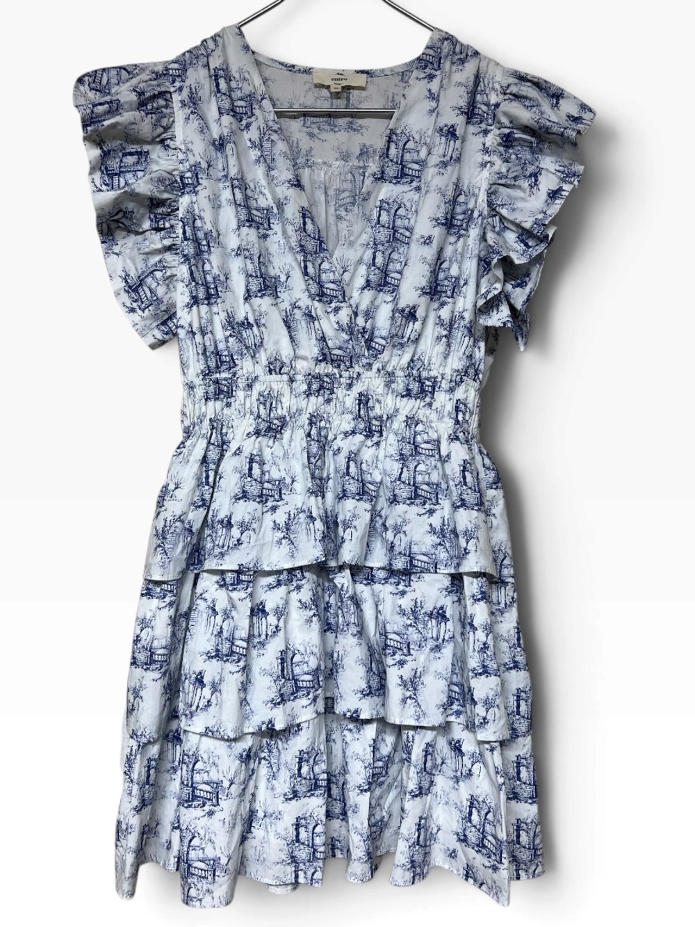 Entro blue & white toile cotton v-neck tiered ruffle mini dress cottagecore
